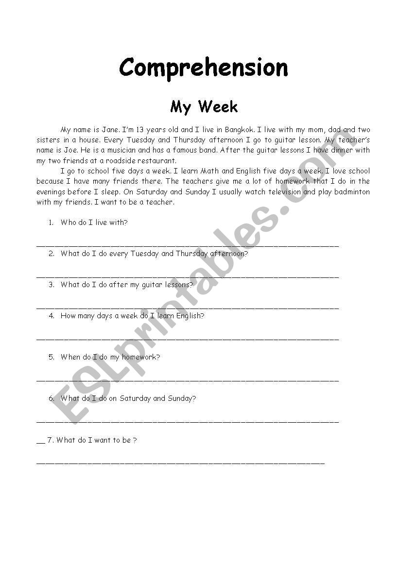 My week story and questions worksheet
