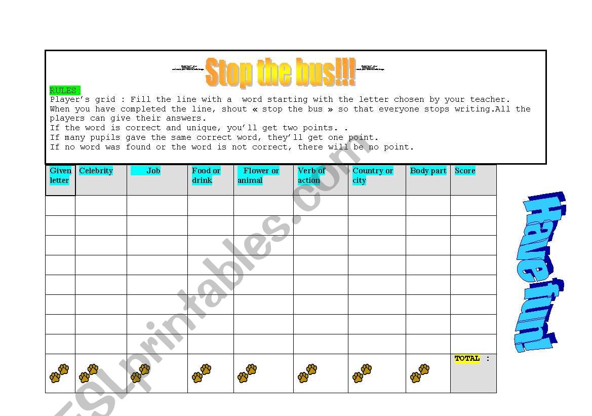 Stop the bus! worksheet