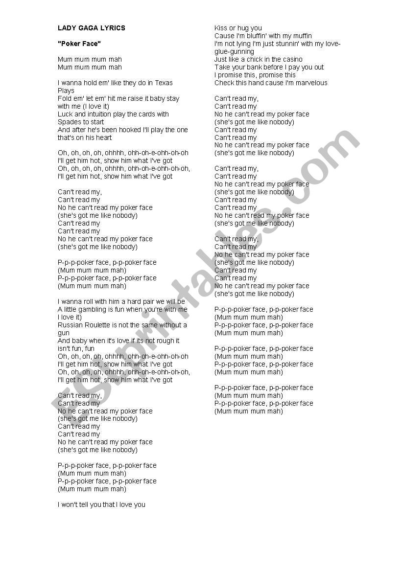 Poker face- Lady Gaga worksheet