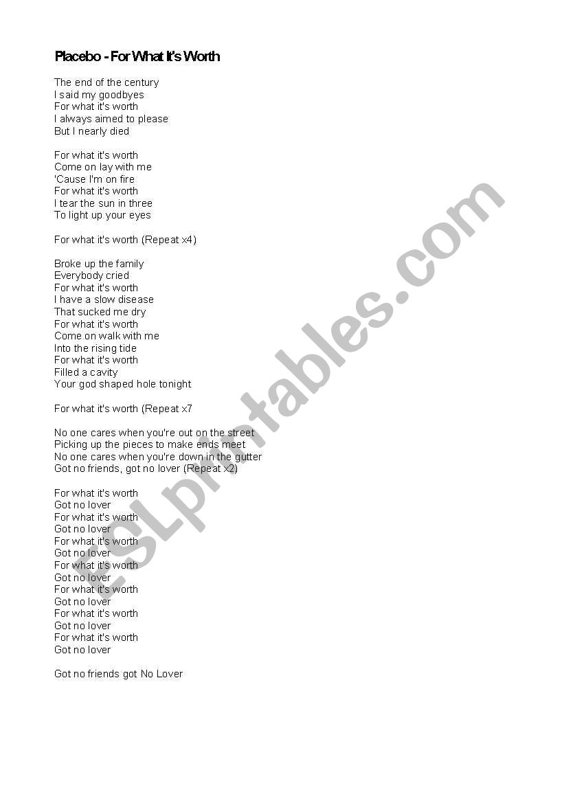 English worksheets Placebo For What It´s Worth