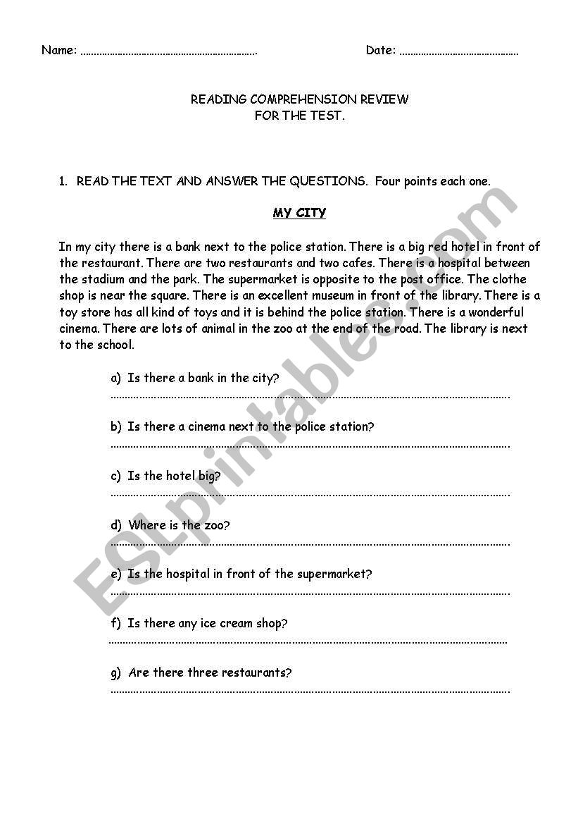 Reading comprehension review. worksheet