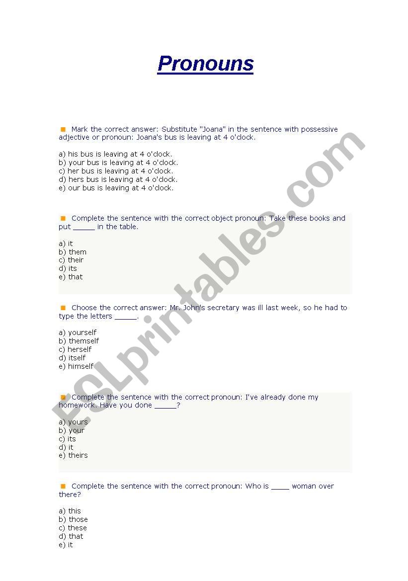 Pronouns worksheet