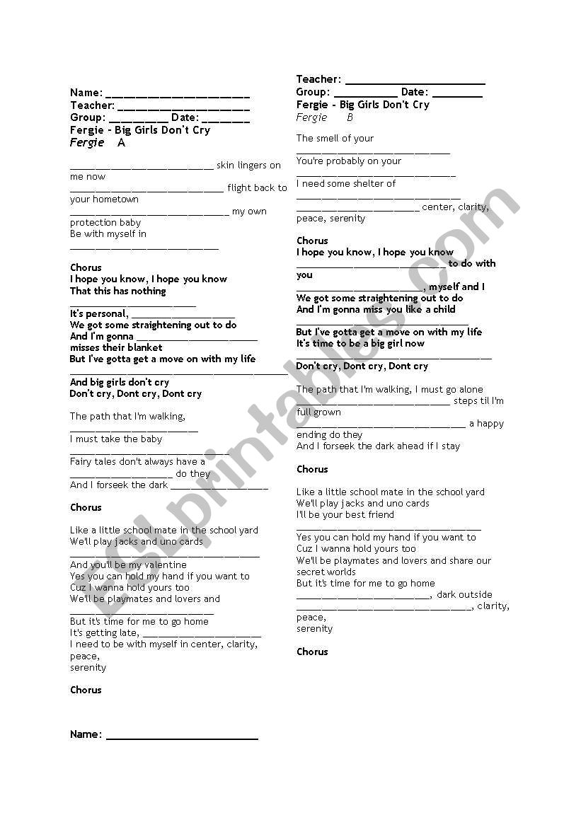 Big Girls dont cry - son worksheet