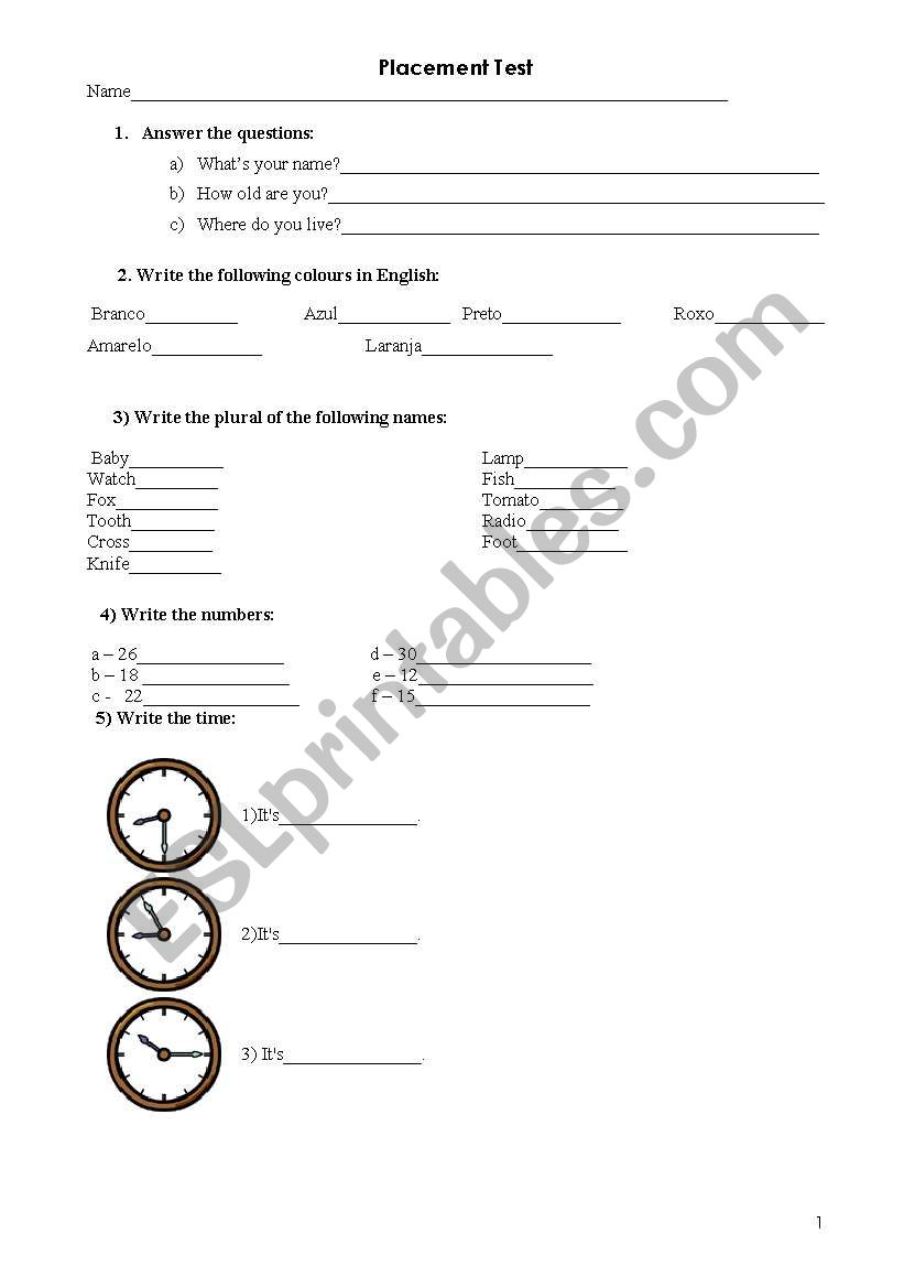 Placement Test worksheet