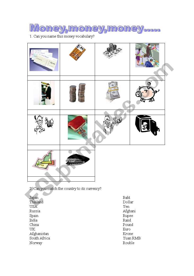 Money vocabulary worksheet