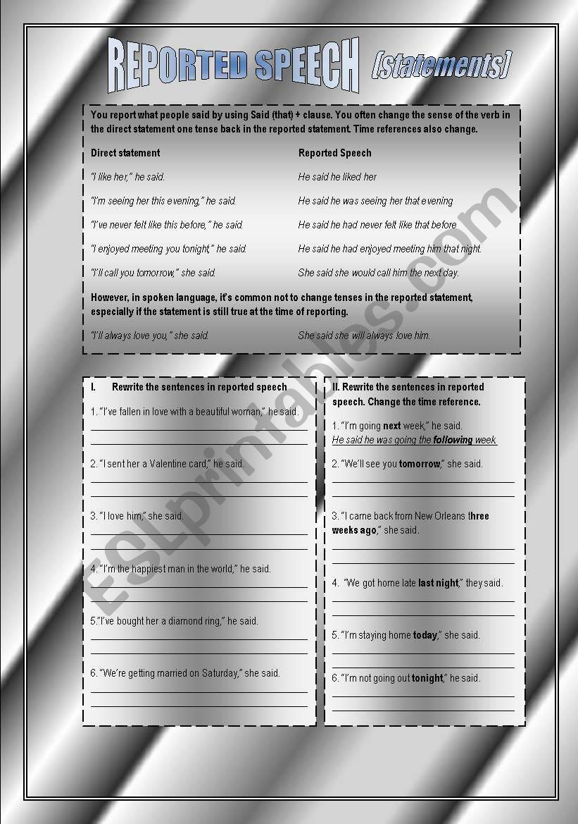 REPORTED SPEECH - statements worksheet