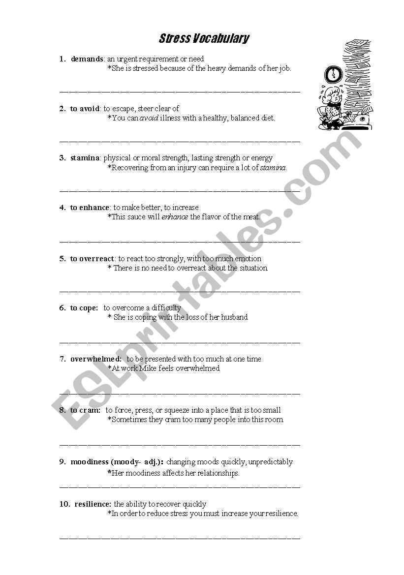 stress vocabulary worksheet