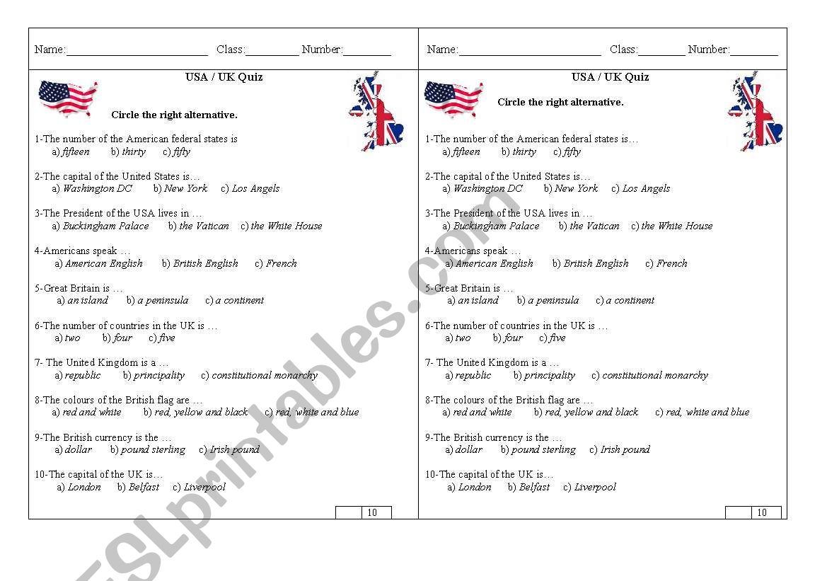 USA/UK quiz worksheet