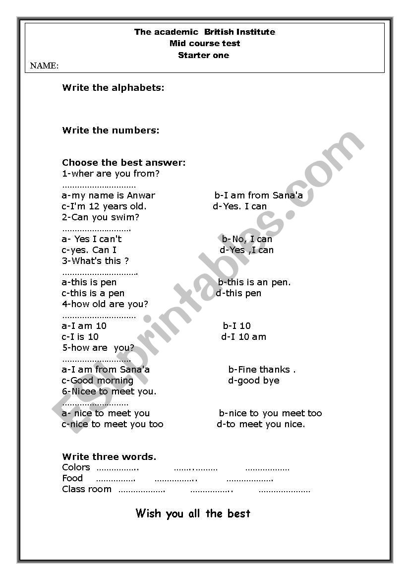 test for beginners worksheet