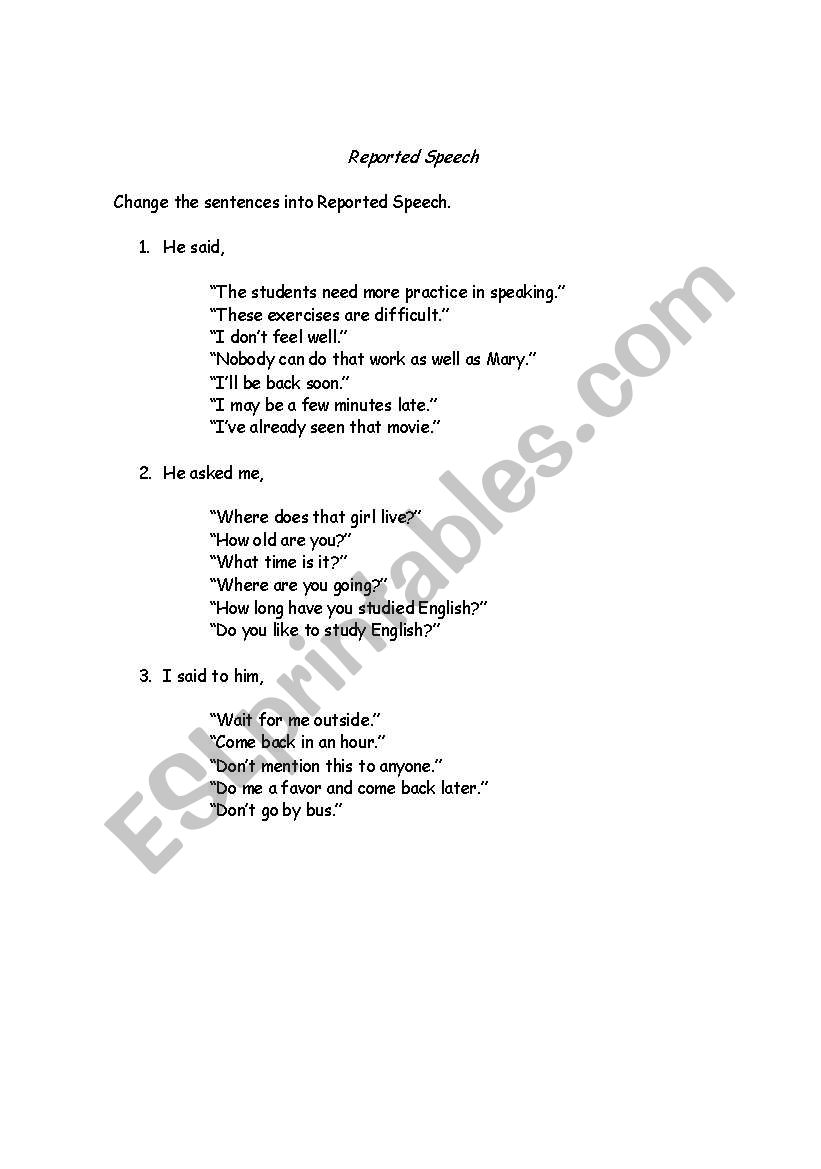 Reported Speech exercises worksheet