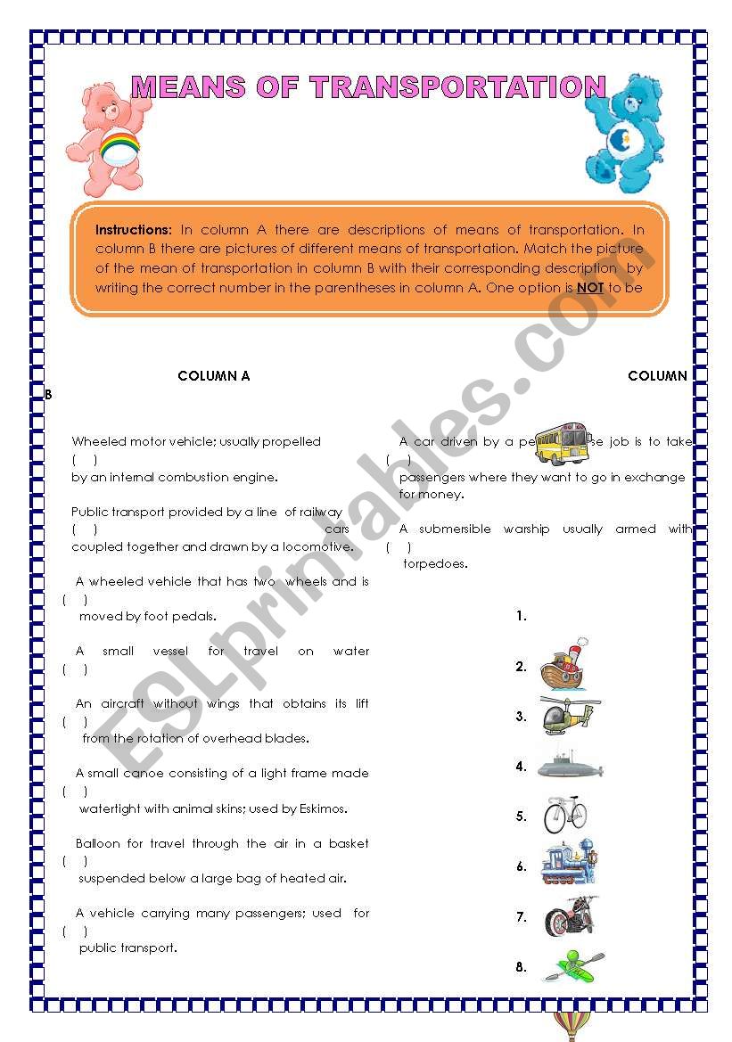 means of transportation worksheet