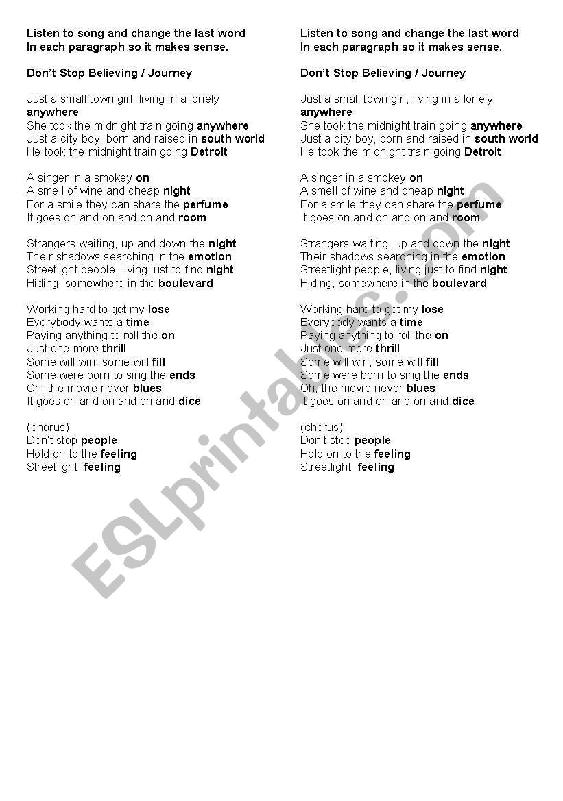 Dont stop believing worksheet