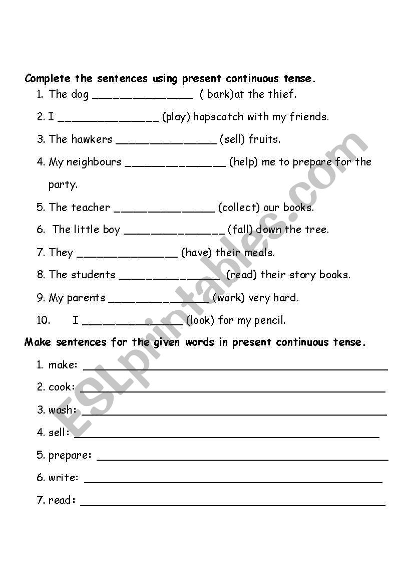 present continuous tense worksheet