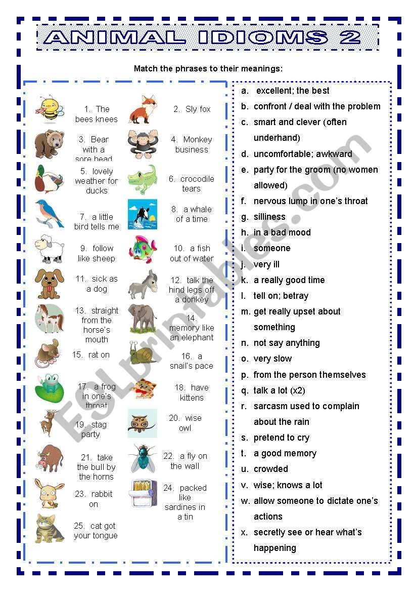 Animal Idioms 2 matching worksheet