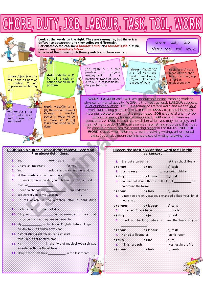 COLLOCATION 55 - CHORE, DUTY, JOB, LABOUR, TASK, TOIL, WORK