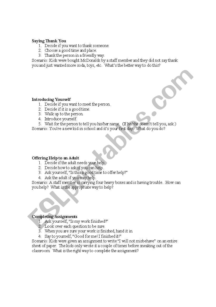 Social Skills Skit Cards worksheet