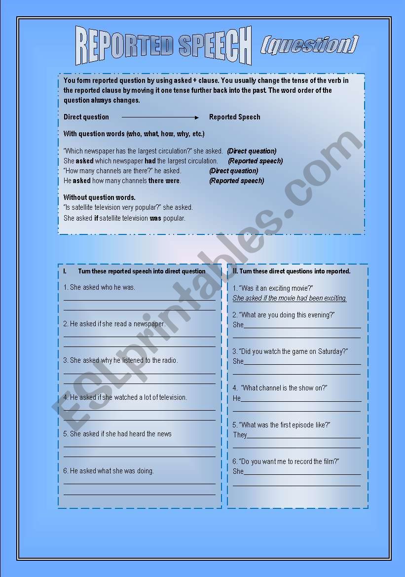 REPORTED SPEECH - QUESTION worksheet