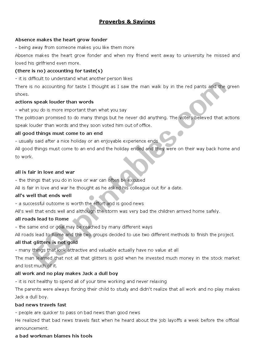 Proverbs and sayings worksheet