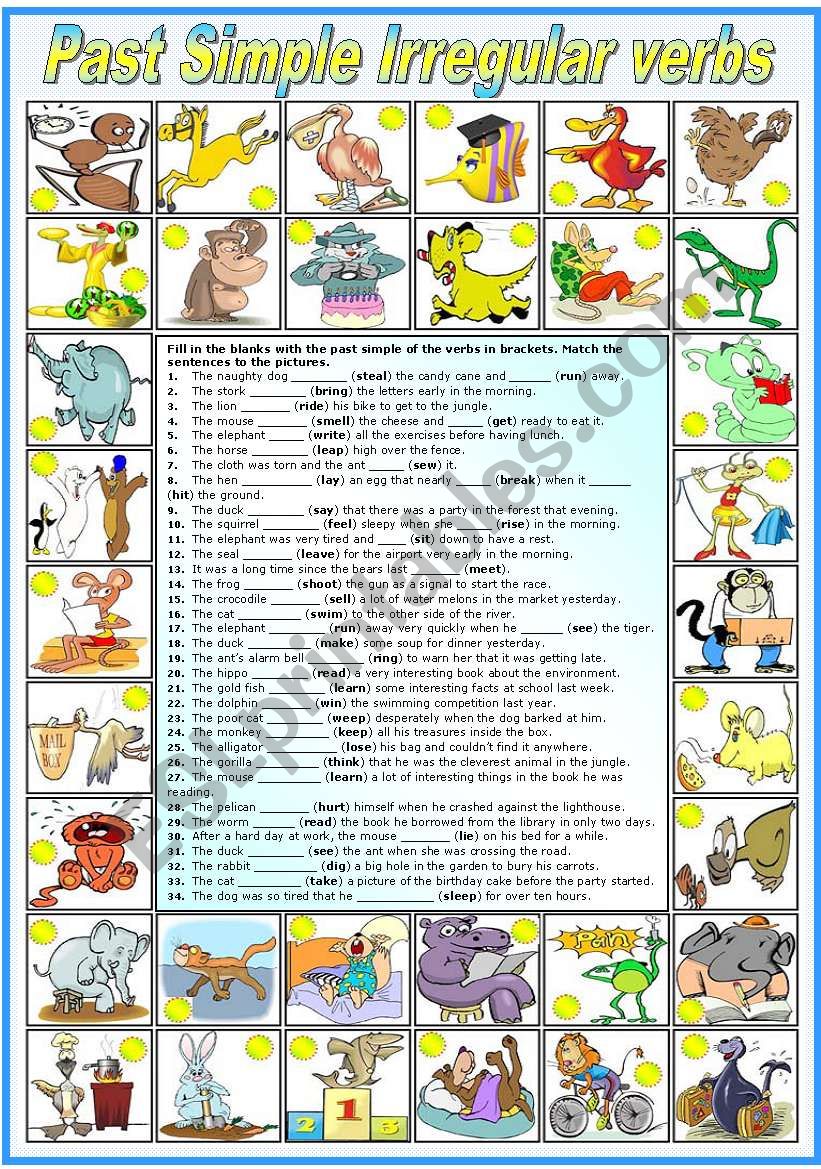 PAST SIMPLE IRREGULAR VERBS WITH ANIMALS (B&W VERSION INCLUDED)