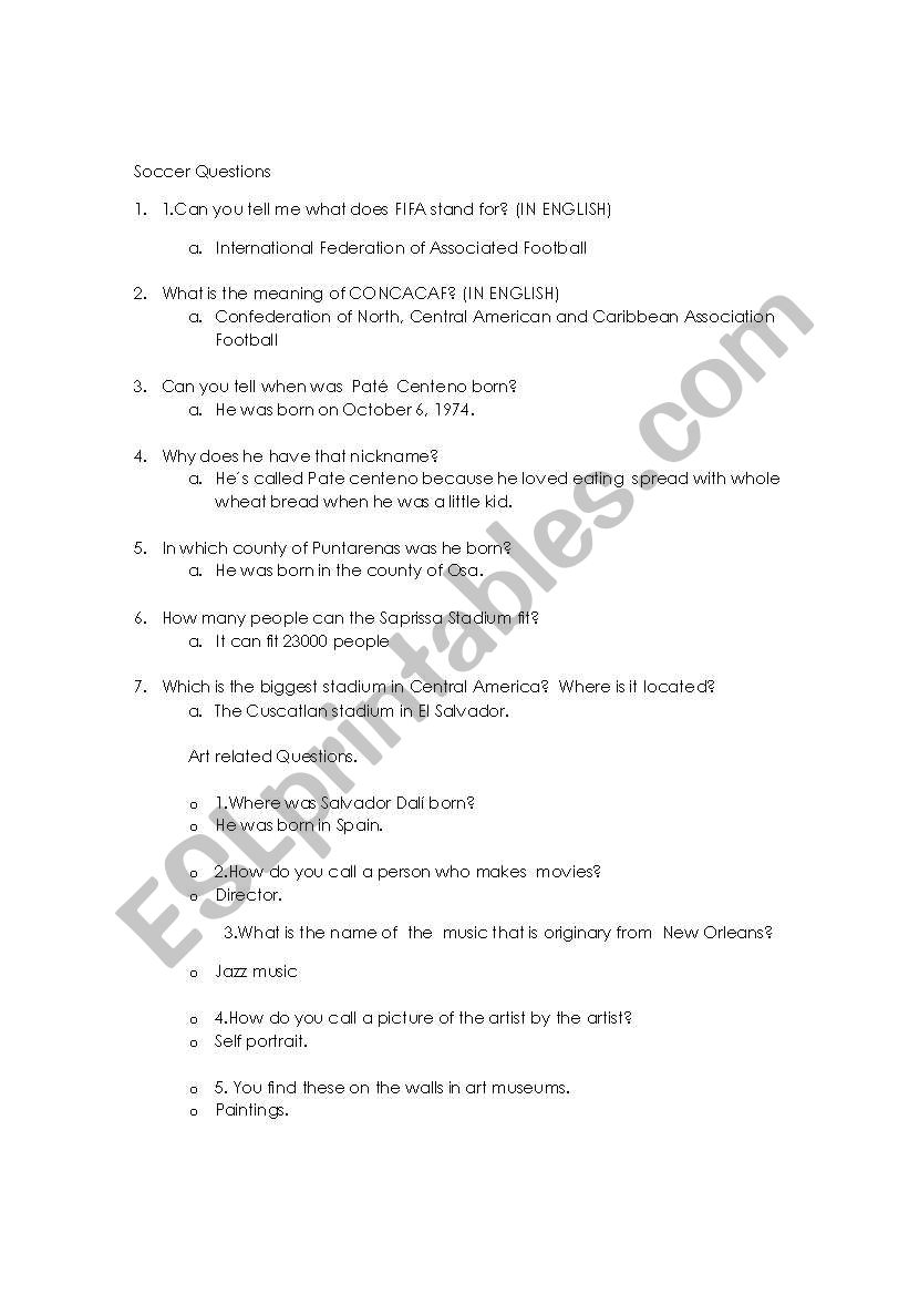 Quiz Arts Soccer worksheet