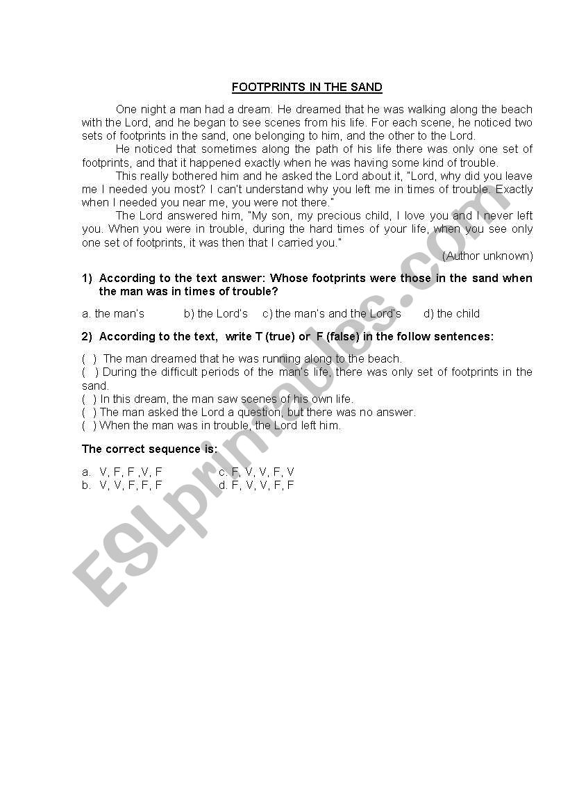 Footprints in the Sand worksheet