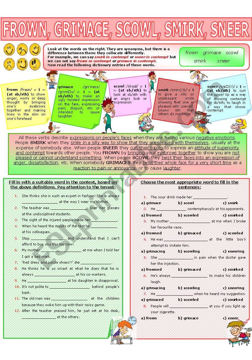 COLLOCATION 60 - FROWN, GRIMACE, SCOWL, SMIRK, SNEER