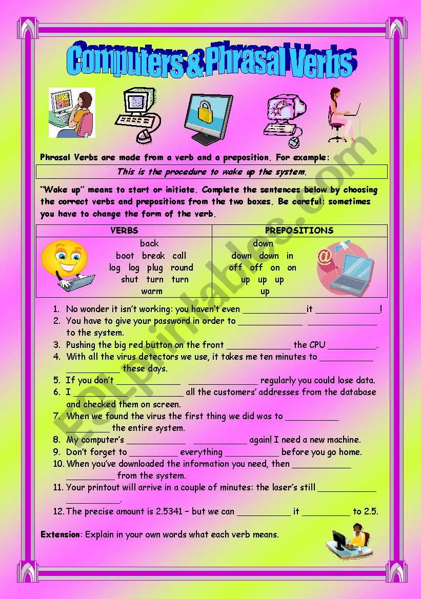 Computers & Phrasal Verbs - elementary to intermediate - (( 2 pages )) - with Answers - Editable