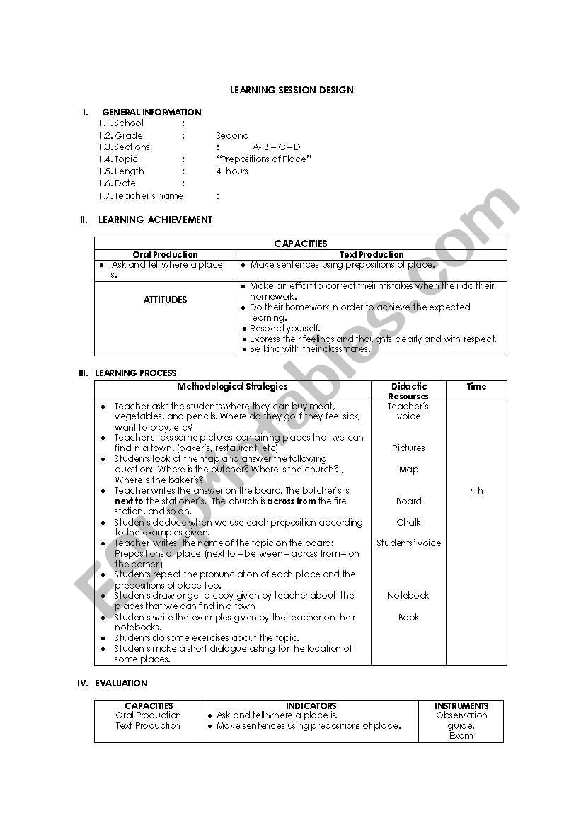 Prepositions of Place worksheet