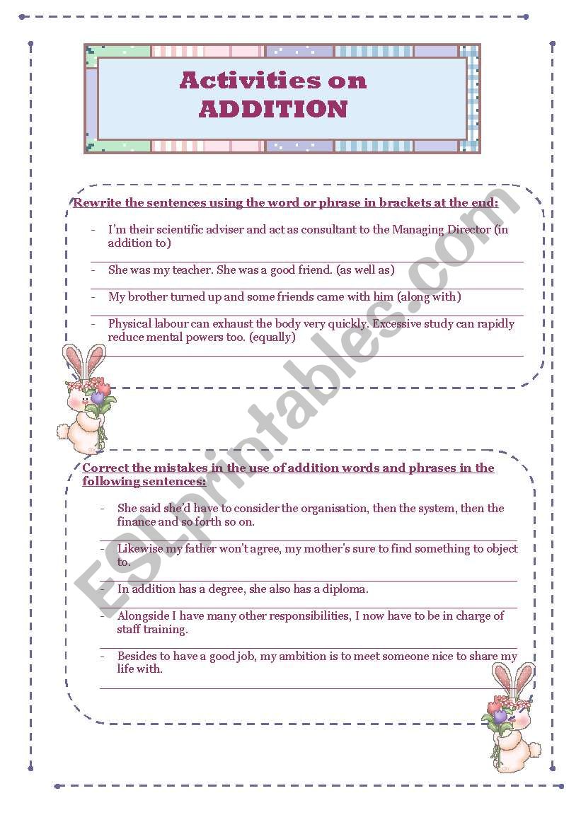 Activities on ADDITION worksheet