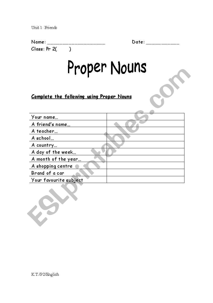 Proper Nouns worksheet