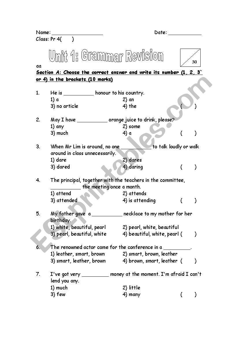 Diagnostic Test on Articles and Quantifiers