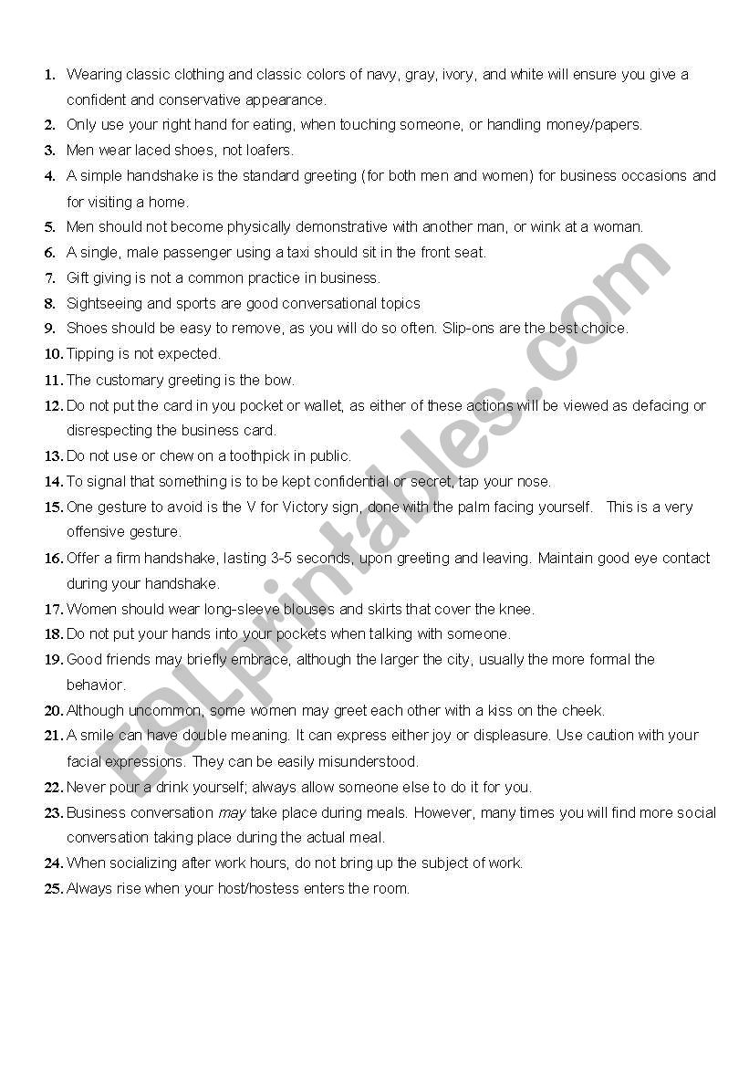 SPEAKING CULTURE worksheet