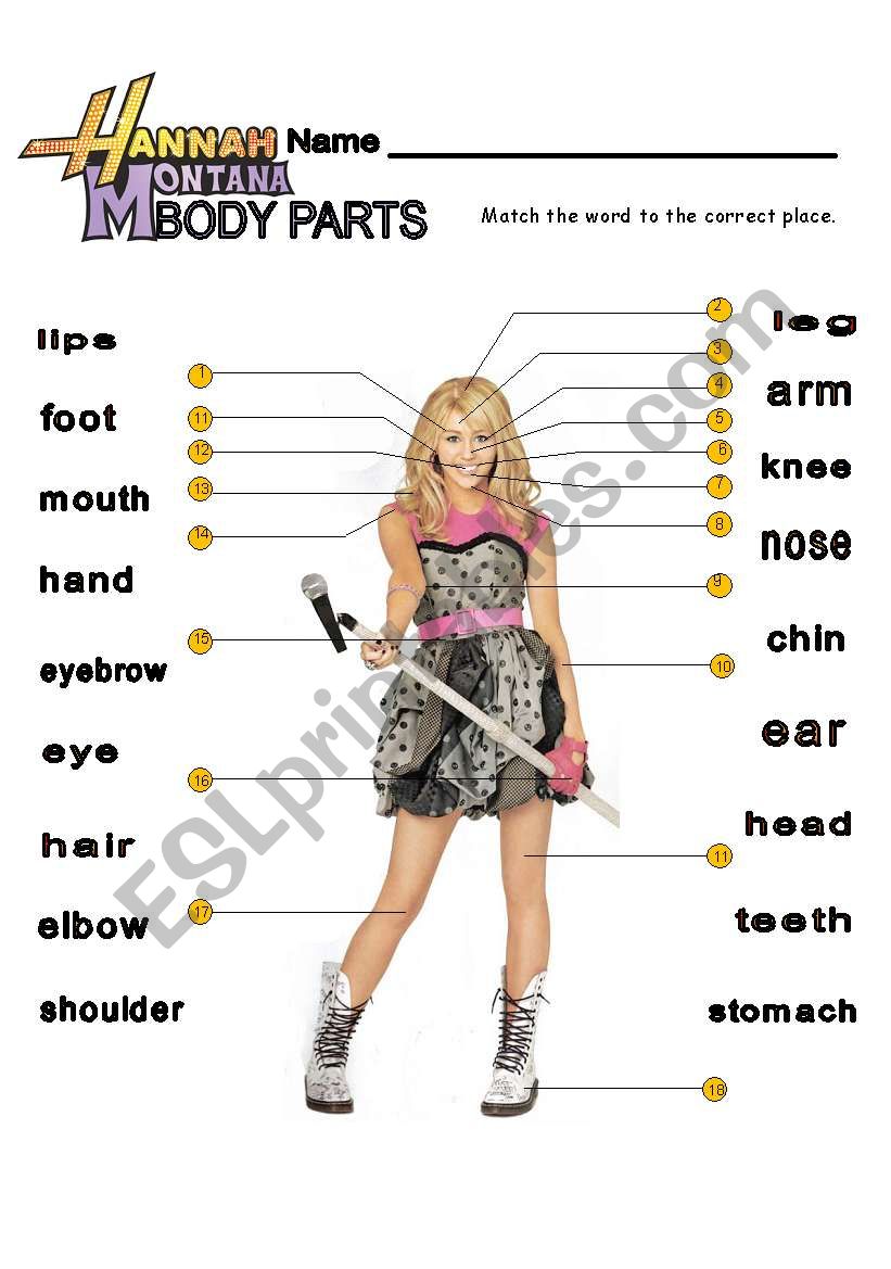 Hannah Montana Body Parts worksheet