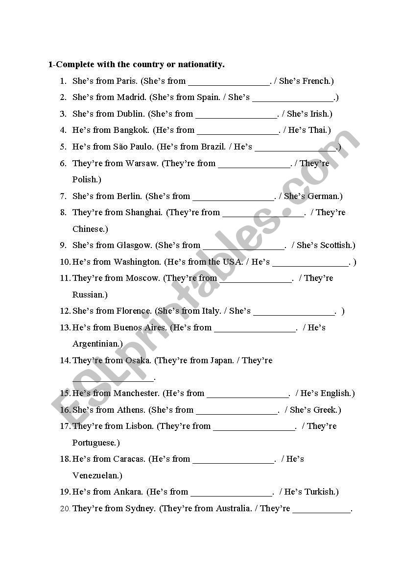 Countries and nationalities worksheet