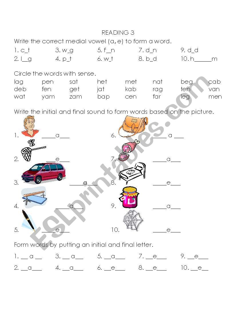 Medial Vowels a & e worksheet