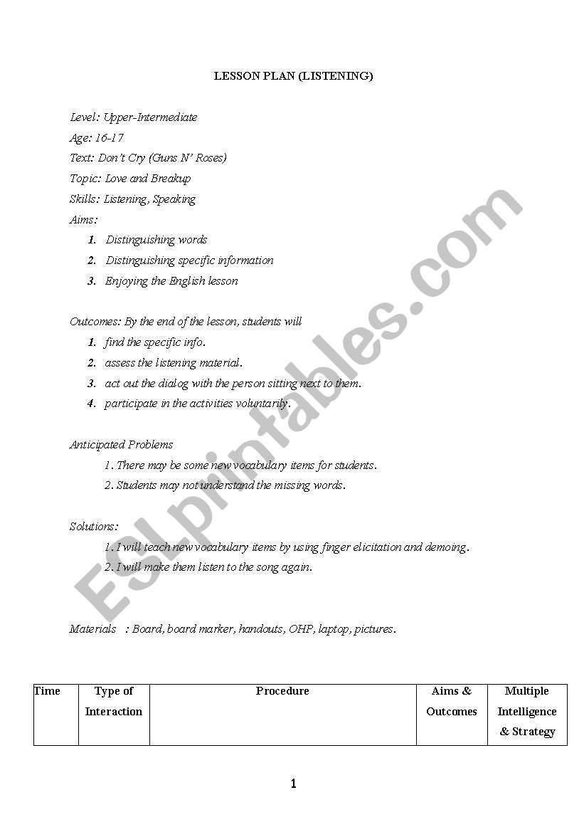 Listening lesson plan worksheet