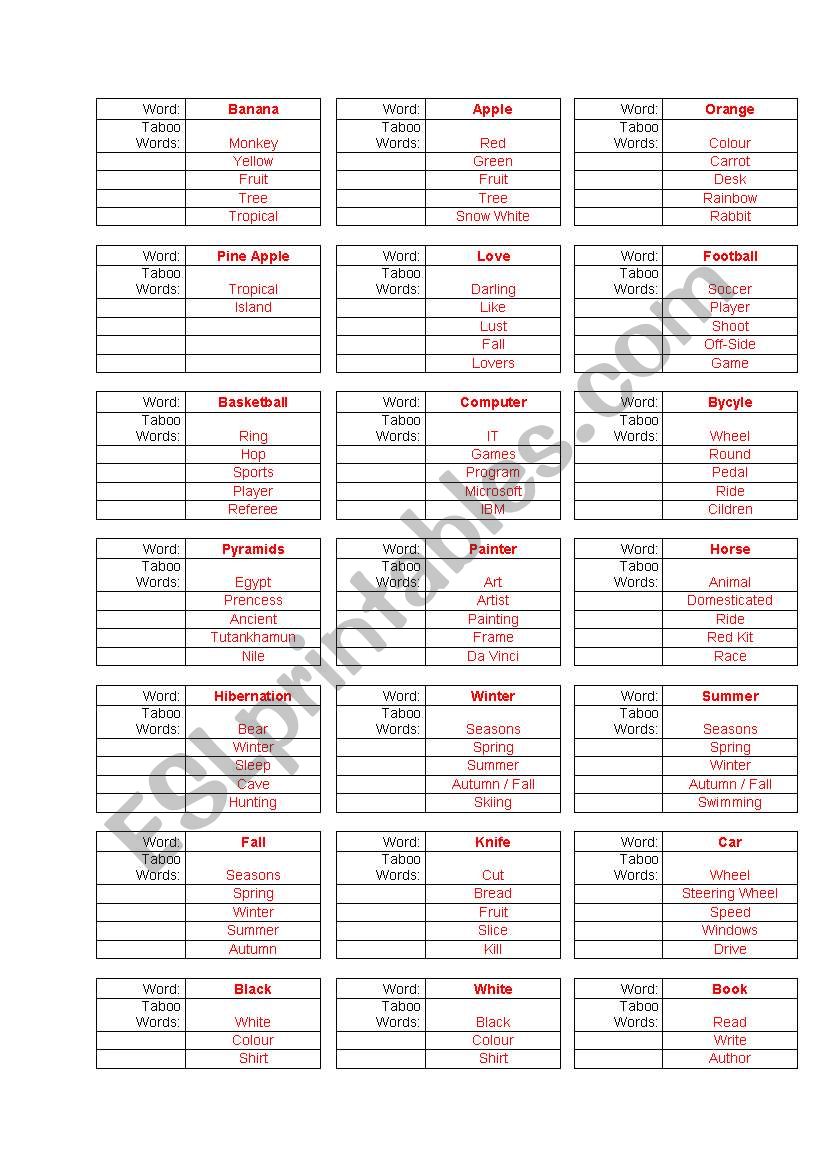 Taboo Cards worksheet
