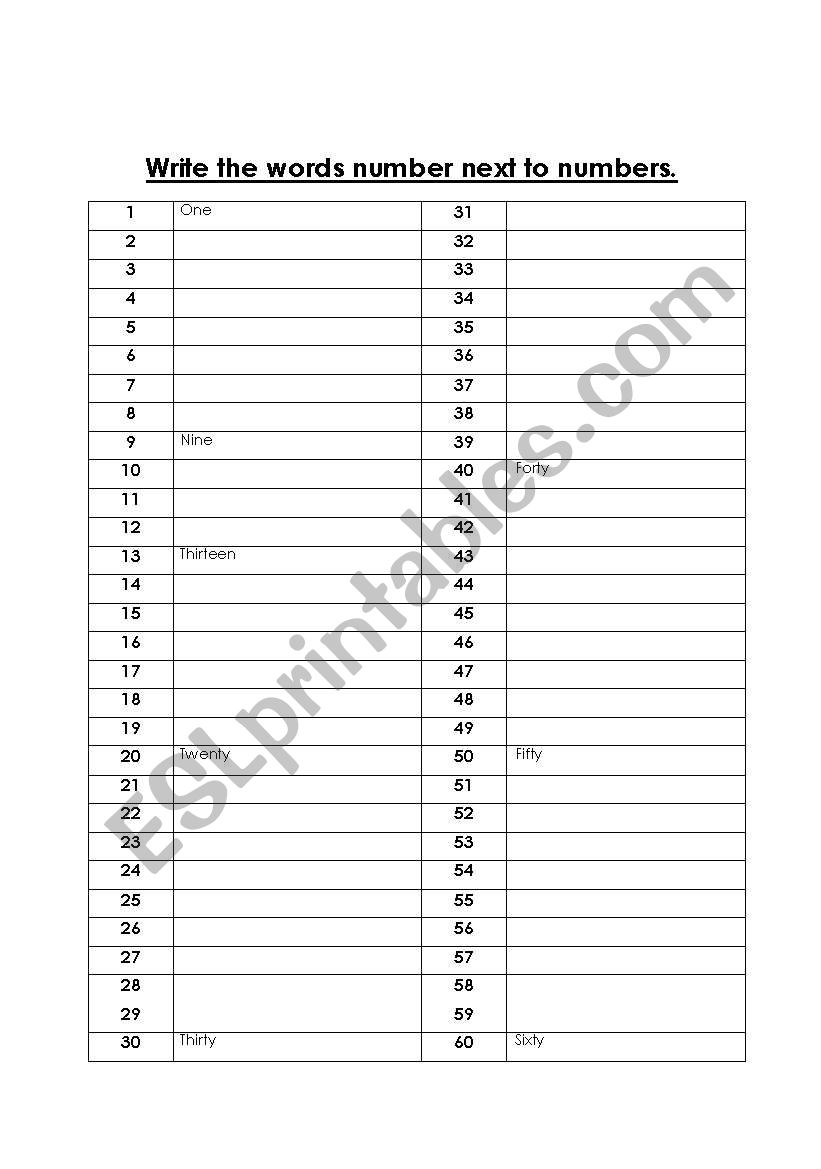 Write numbers from 1 - 60 worksheet