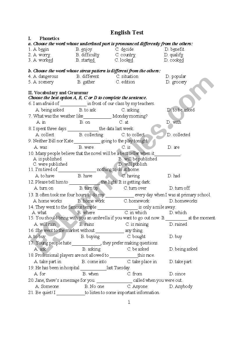 Tests worksheet