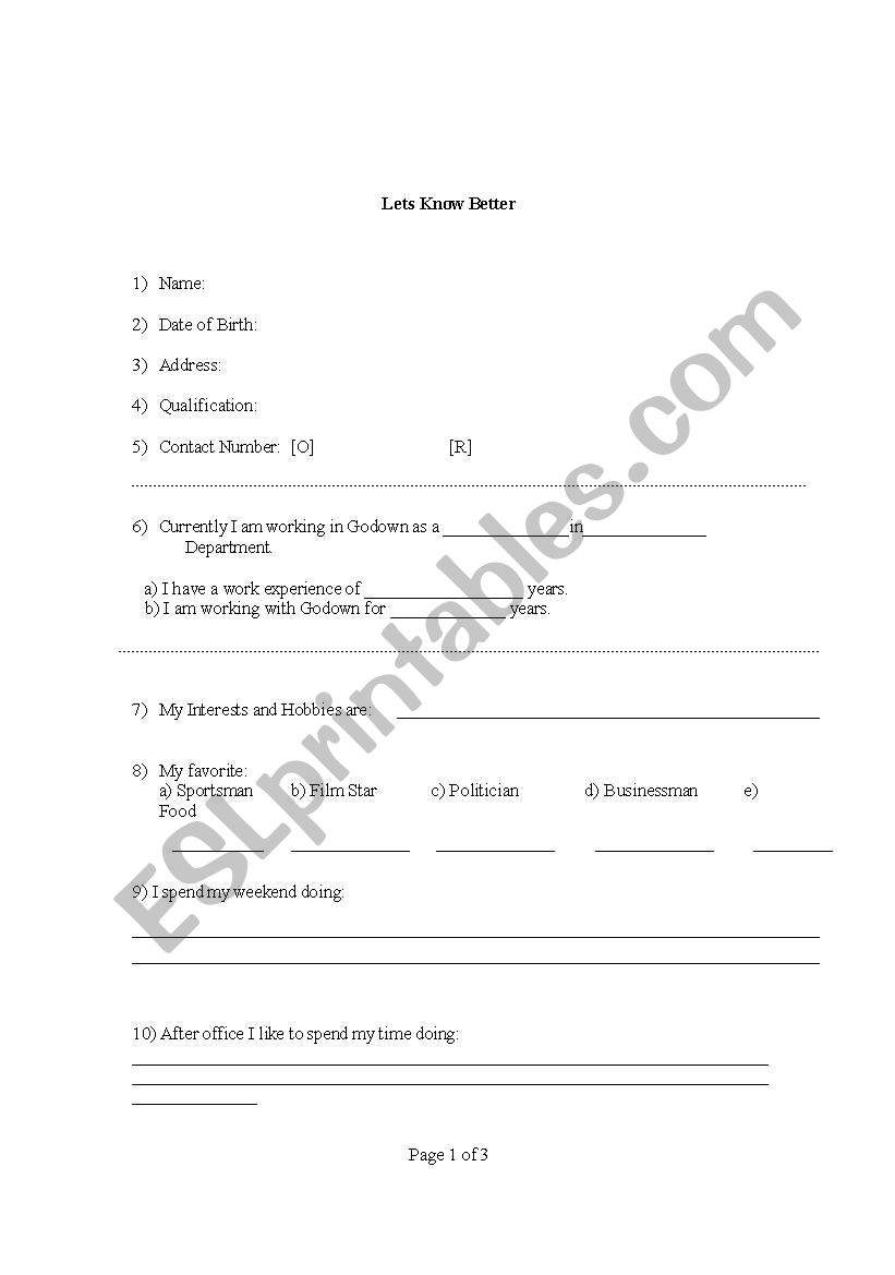 lets know better worksheet