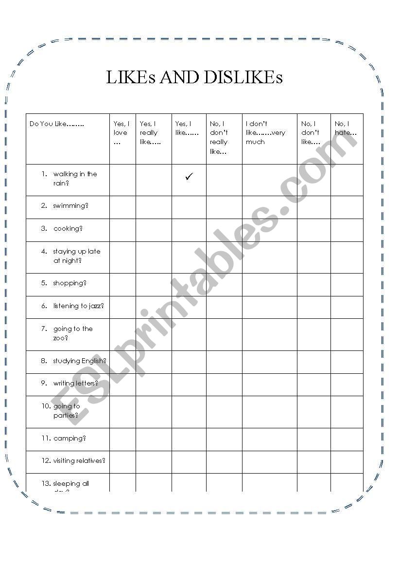 likes and dislikes worksheet