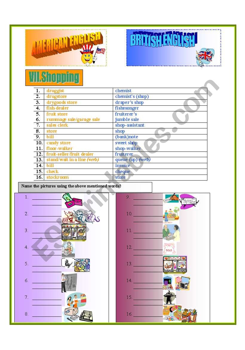 American and British English worksheet