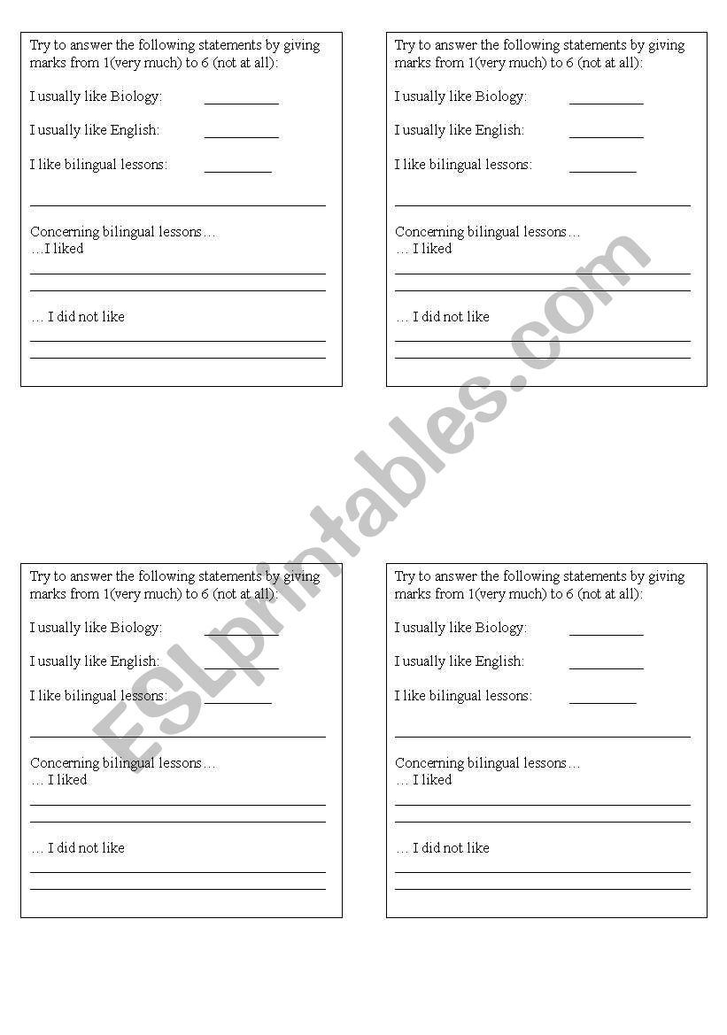 Feedback slip bilinugal lessons (biology, English)