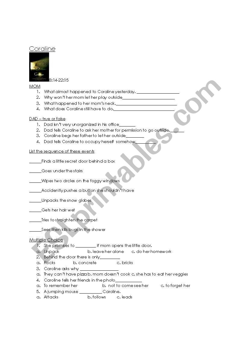 coraline movie activity worksheet