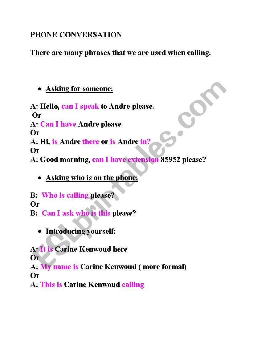 PHONE CONVERSATIONS worksheet