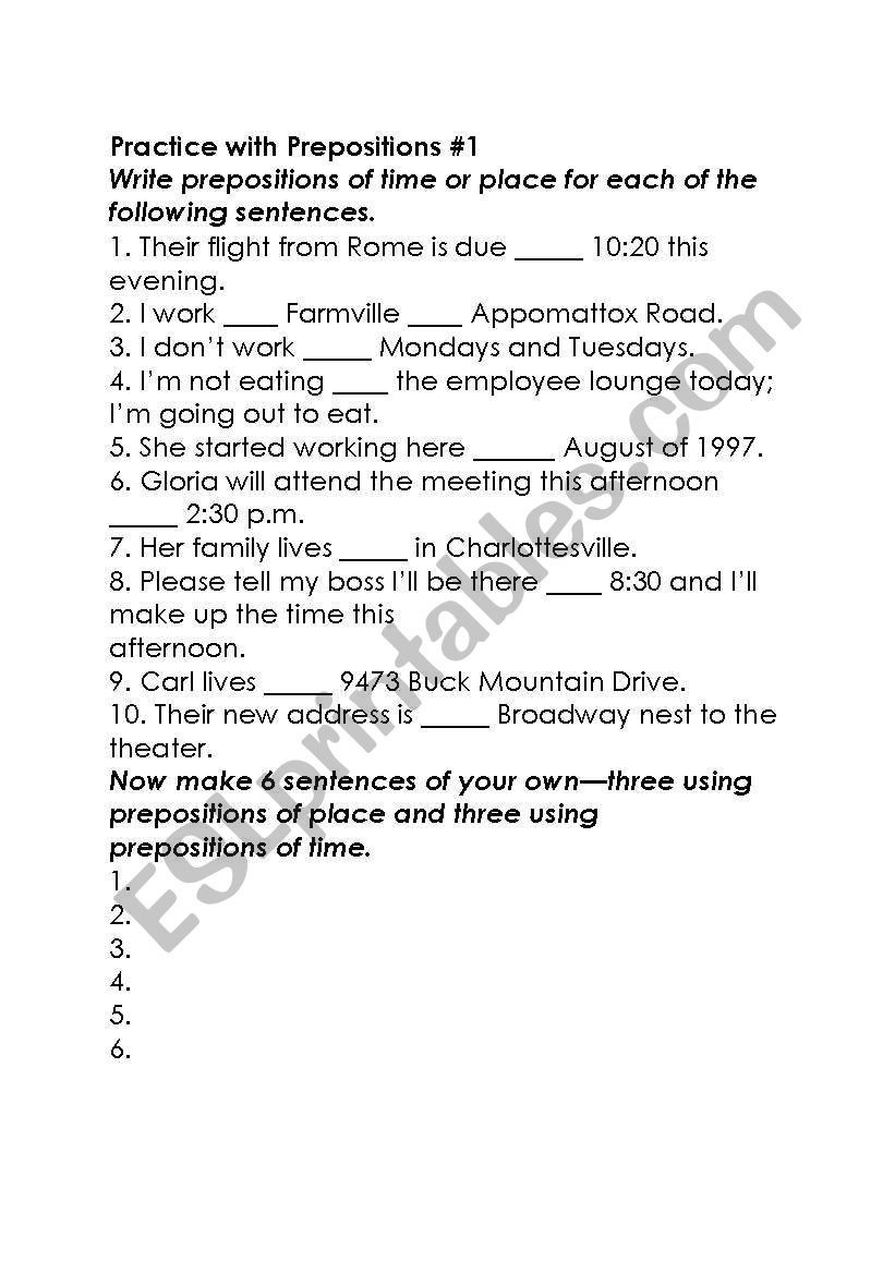 preposition worksheet worksheet