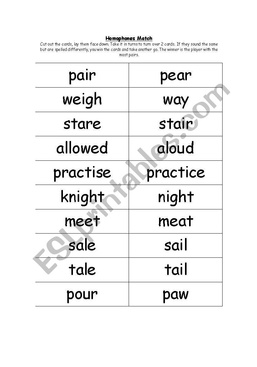 Homophones match worksheet