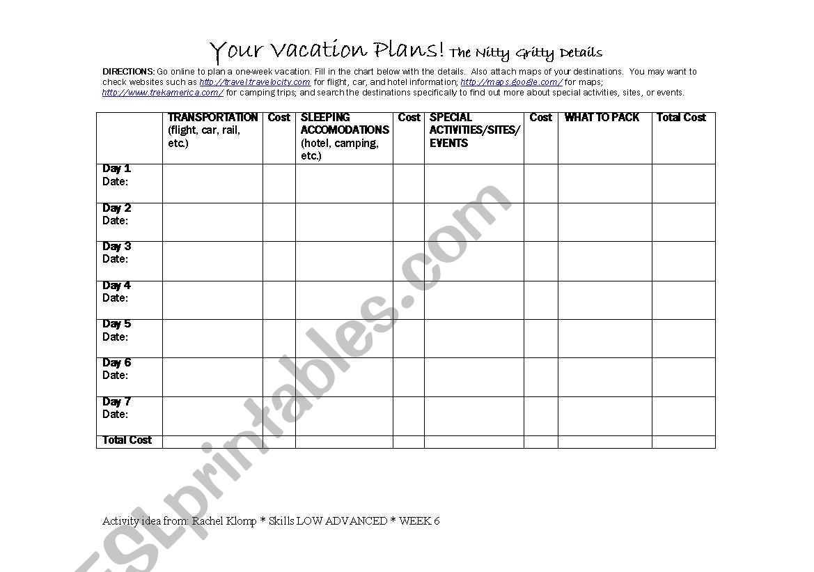 Plan A Trip worksheet