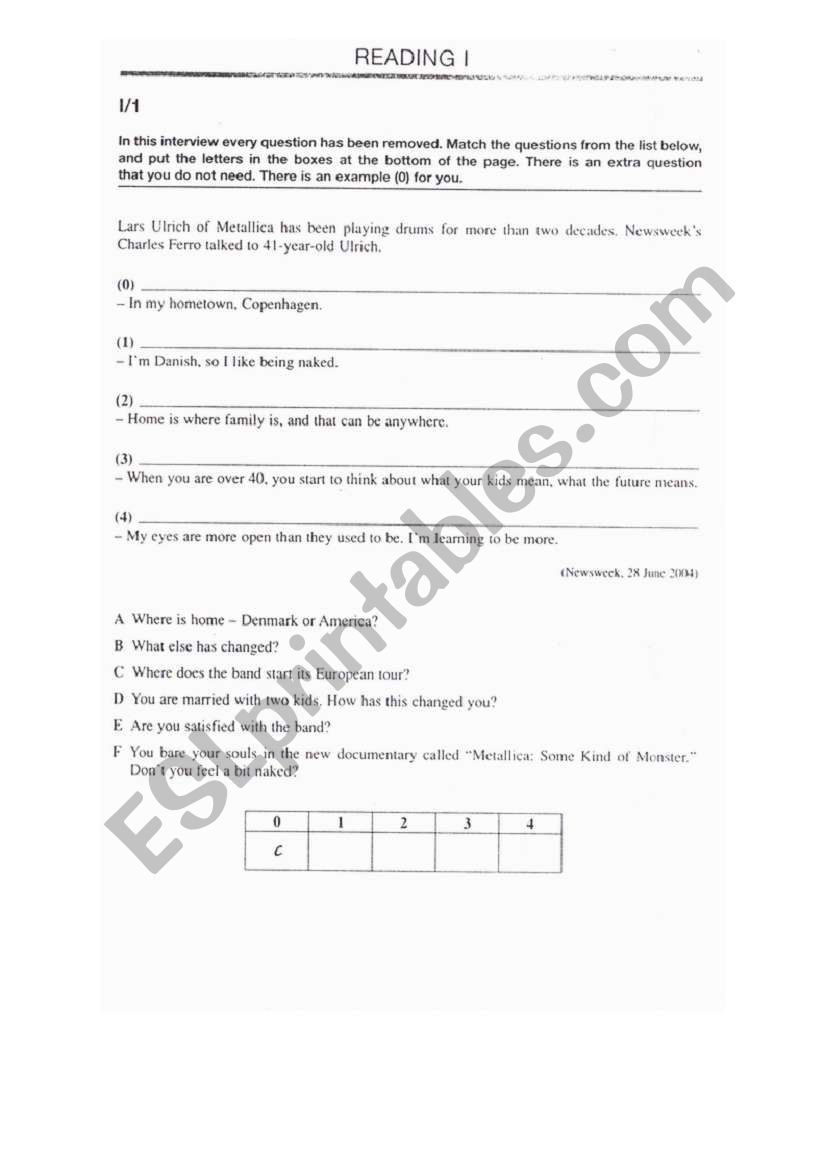 Reading exercise worksheet
