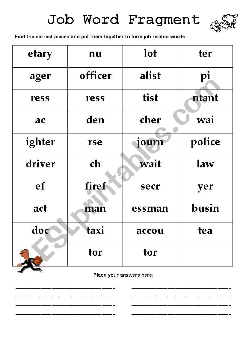 Job Word Fragment worksheet